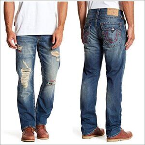 Men's True Religion Straight Flap Distressed Big T Jeans-Red Stitch-Size 40 x 33